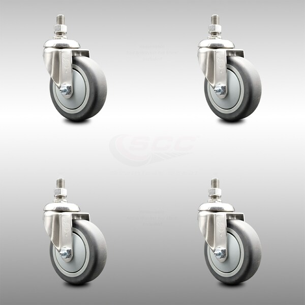Service Caster 4 Inch 316SS Thermoplastic Rubber Wheel Swivel 3/8 Inch Threaded Stem Caster Set SCC-SS316TS20S414-TPRB-381615-4 - main